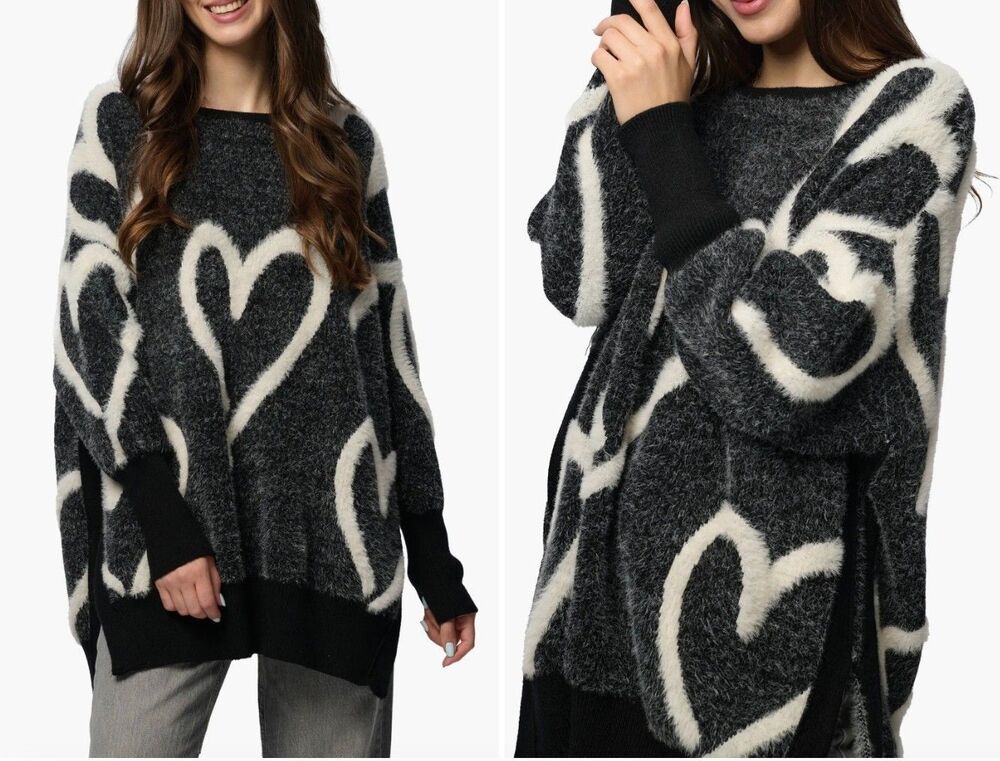 SAACHI Whispy Heart Tunic Sweater Black/White Oversized (one size)
